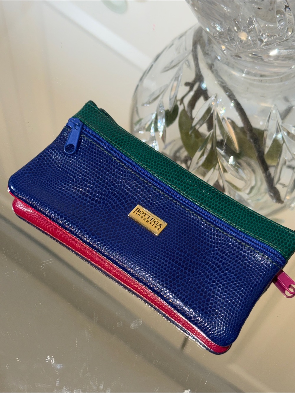 Bottega Veneta Blue and Green Textured Leather Zip Pouch